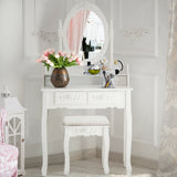 Wood Vanity Table Set with Oval Mirror and 4 Drawers for Kids Girls Women-White
