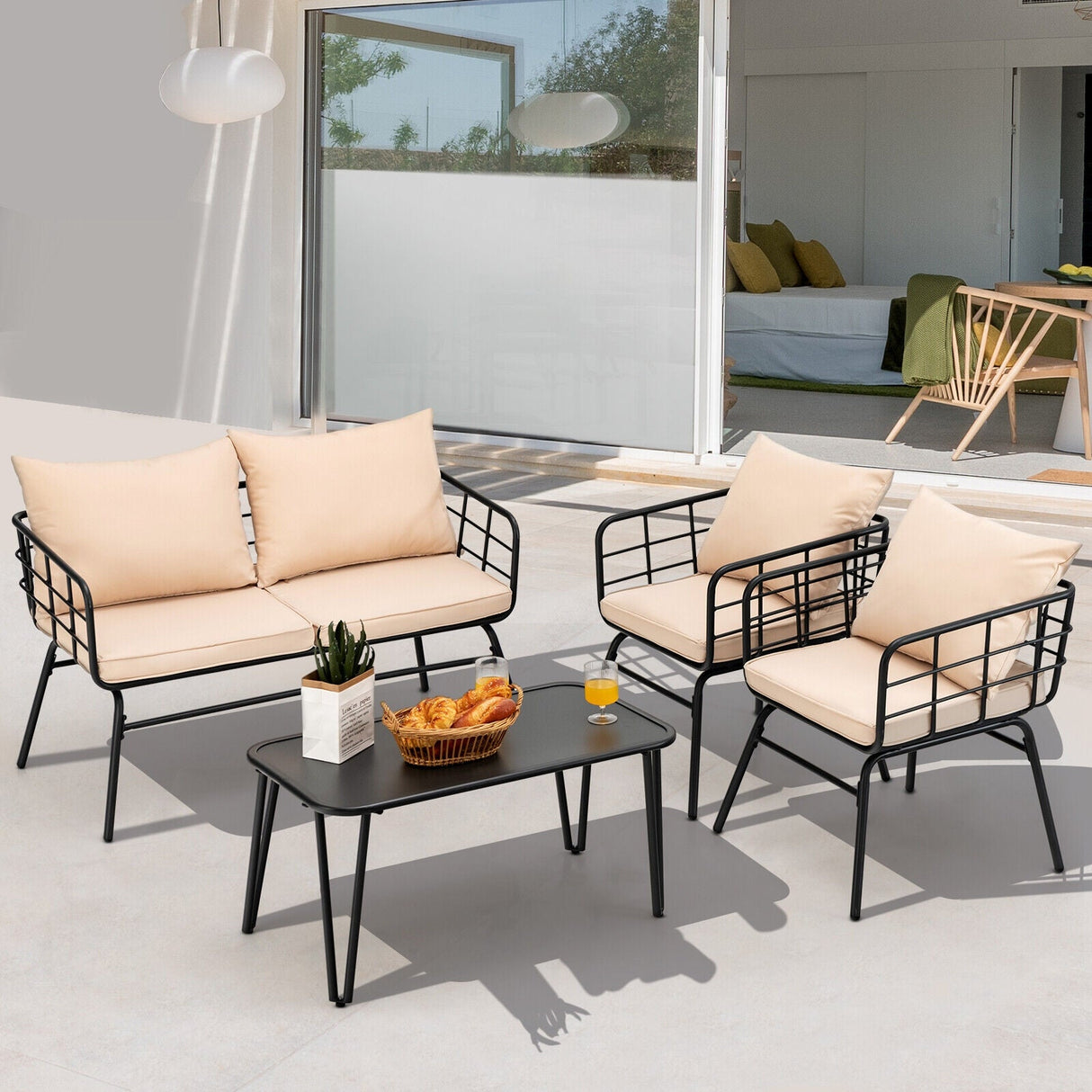Juego de muebles de patio de 4 piezas con cojines de respaldo para jardín-Beige
