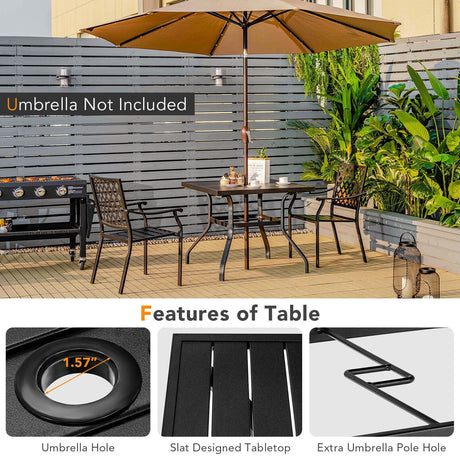 Juego de comedor de patio de 3 piezas Sillas apilables Mesa con reposabrazos y orificio para sombrilla