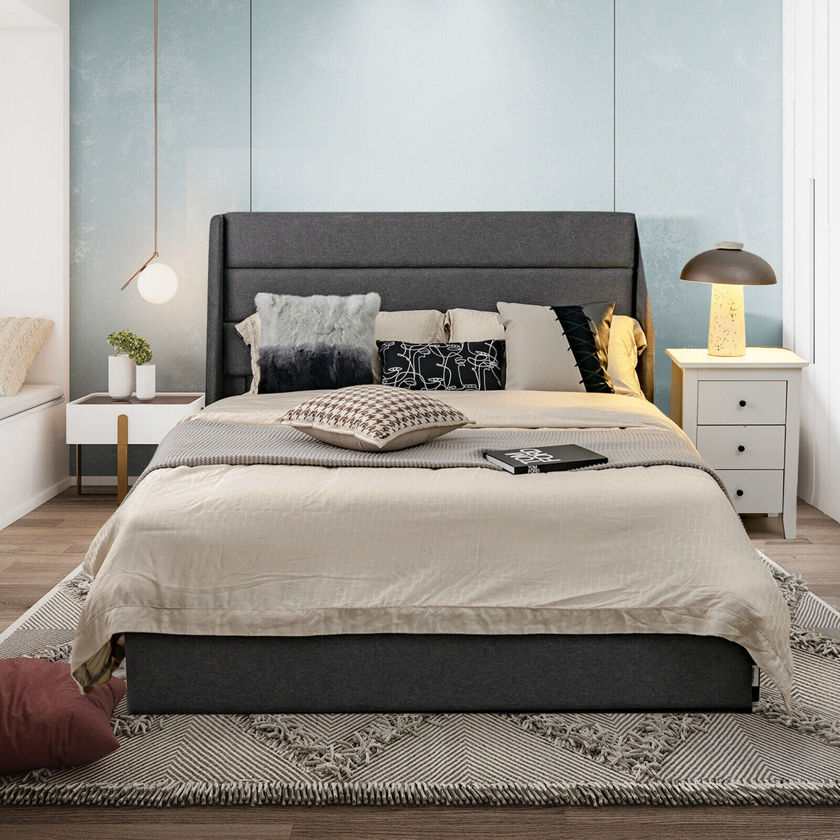 Base de cama tapizada con plataforma y 3 cajones de almacenamiento