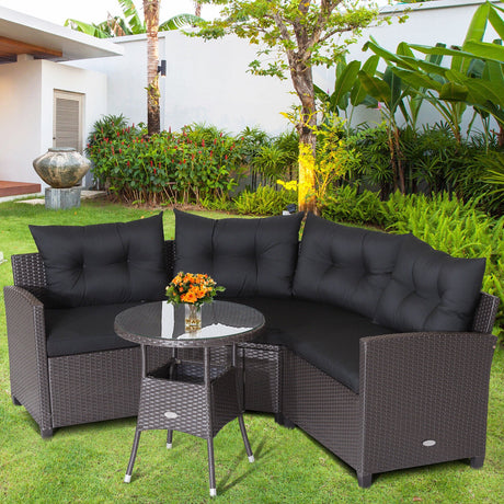 Juego de muebles de patio de ratán de 4 piezas con cojines para sofá y mesa de cristal