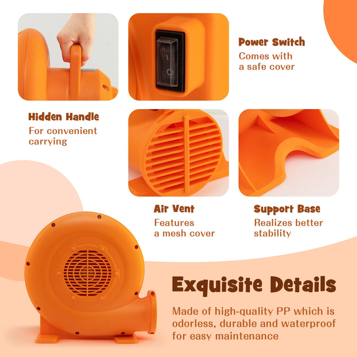 Soplador de aire de 550W (0.7HP) para inflables con cable de 7.6 metros y enchufe GFCI