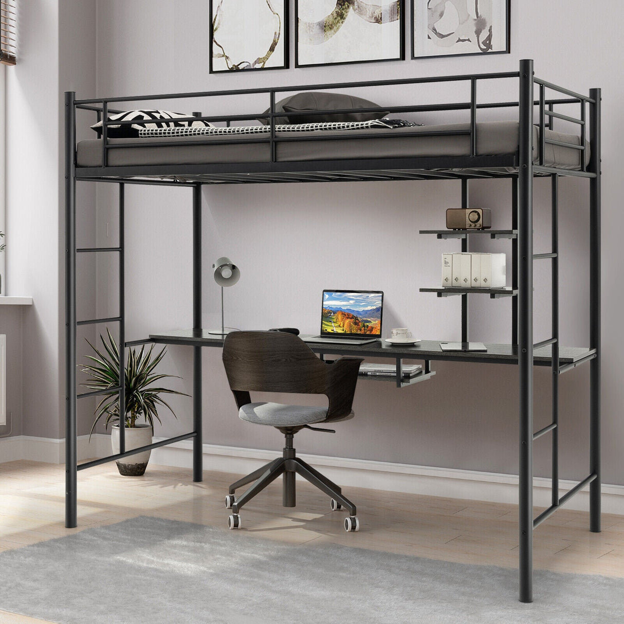 Litera alta individual con escritorio, estante de almacenamiento y escaleras de cuerpo entero-Negro