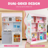Cocina de juguete y casa de muñecas 2 en 1 de doble cara para niños con muebles