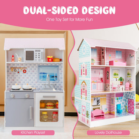 Cocina de juguete y casa de muñecas 2 en 1 de doble cara para niños con muebles