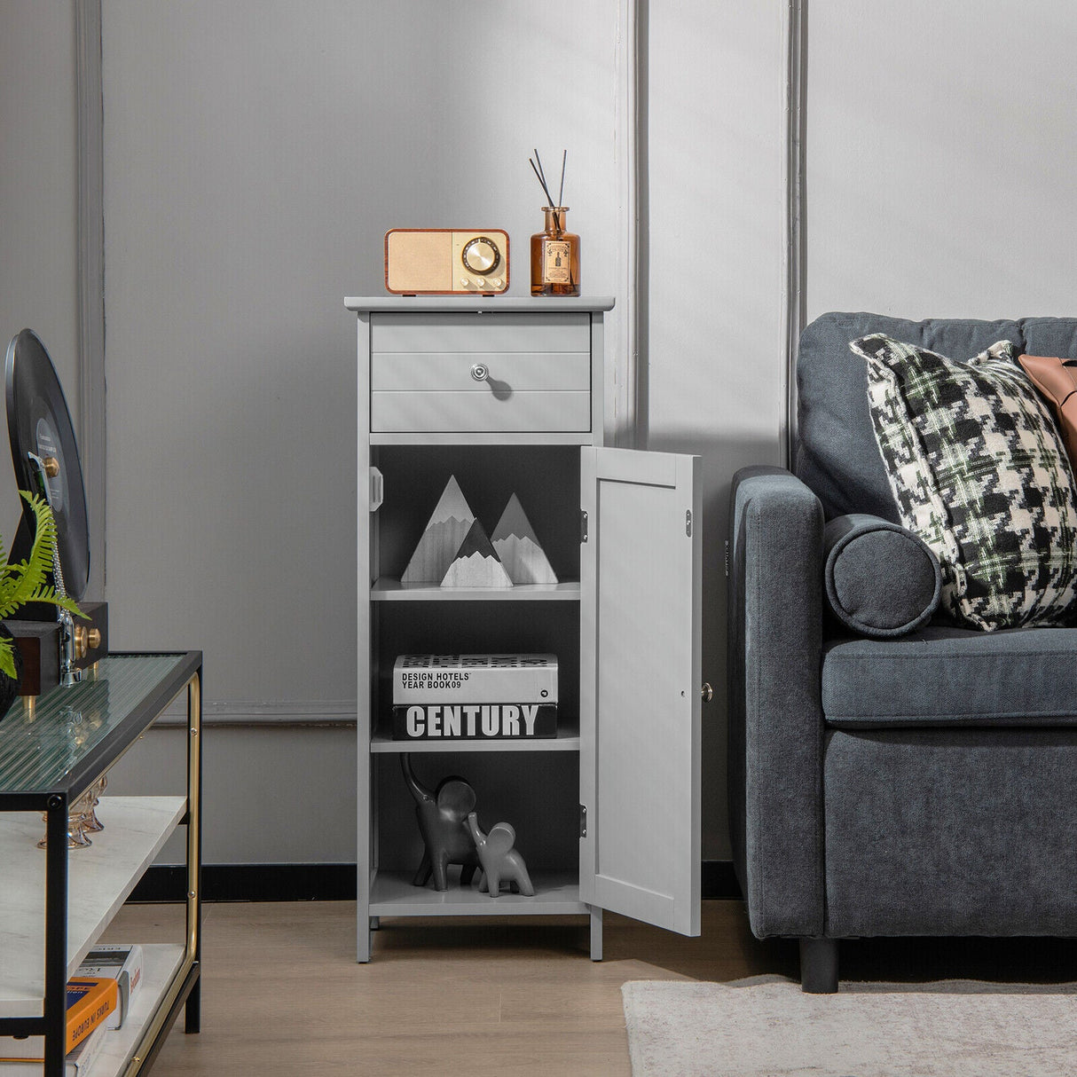 Mueble de almacenamiento de madera para baño con cajón y estante