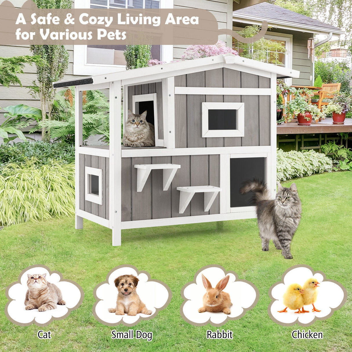 Casa exterior de madera para gatos ferales de 2 pisos con puerta de escape - Gris