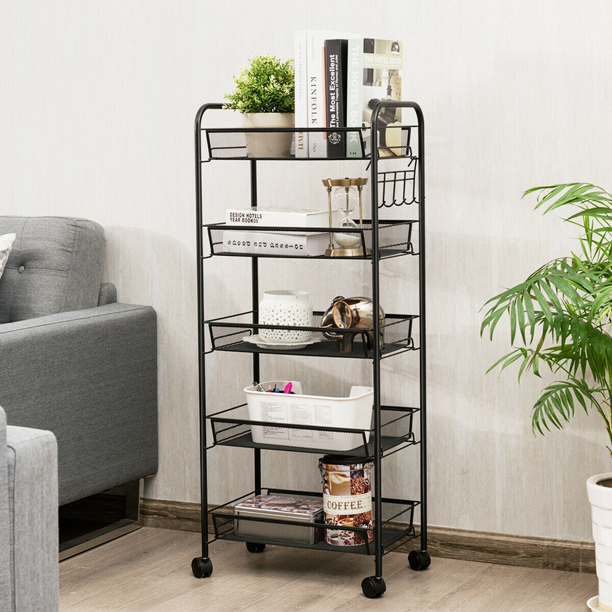 Carrito utilitario de archivo rodante de malla de 5 niveles con cesta de almacenamiento - Negro