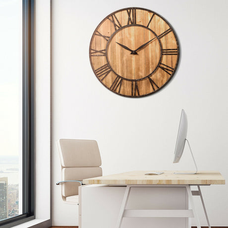 Reloj de Pared Redondo de 27 Pulgadas, Decorativo de Madera, Silencioso, con Batería