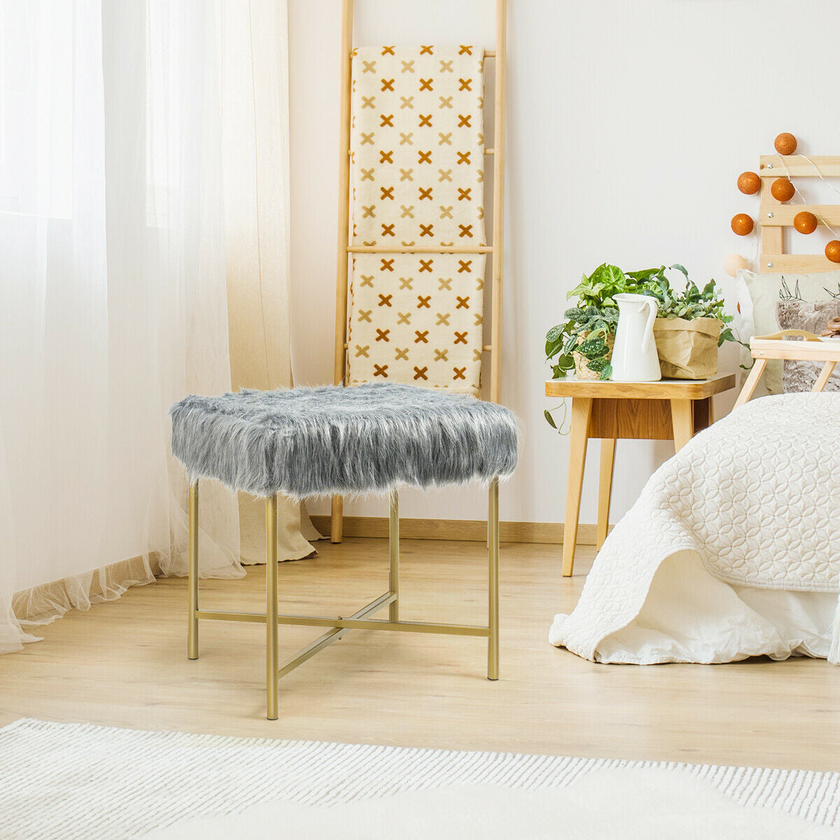 Faux Fur Ottoman Decorative Stool with Metal Legs