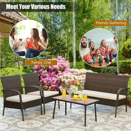 Juego de conversación de mimbre acolchado de 4 piezas para patio con tablero de mesa de madera de acacia