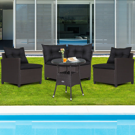 Juego de muebles de patio de ratán de 4 piezas con cojines para sofá y mesa de cristal
