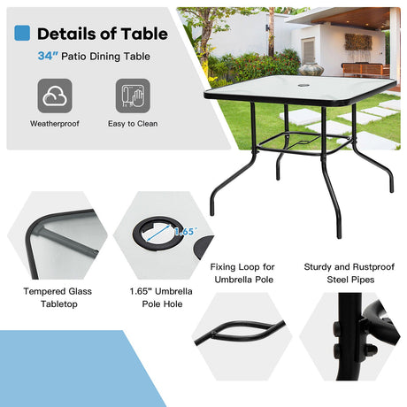 Mesa de comedor cuadrada de patio de vidrio templado de 35 pulgadas con orificio para sombrilla