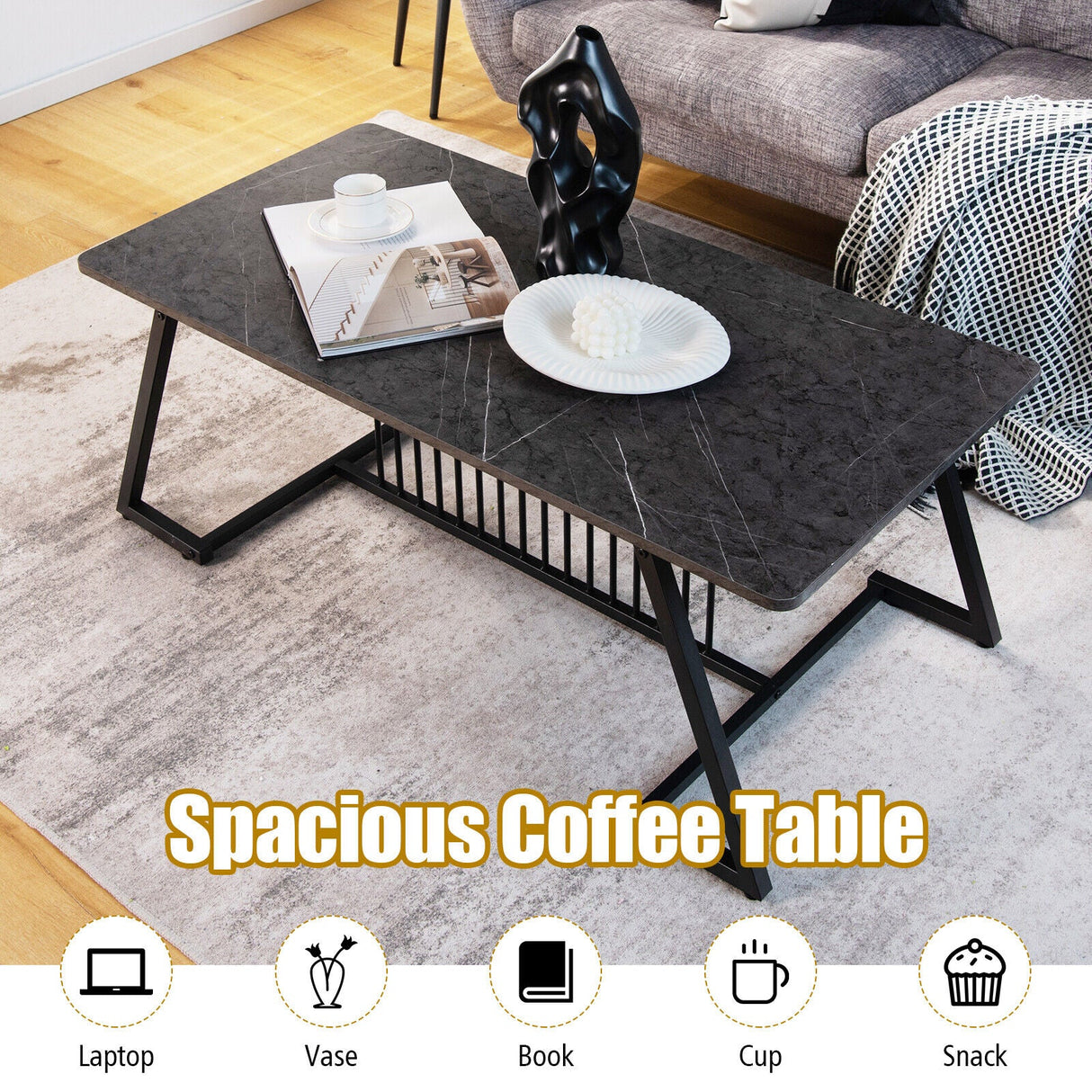 Mesa de Centro de Estilo Moderno de 48 Pulgadas con Amplia Superficie para Sala de Estar - Negro