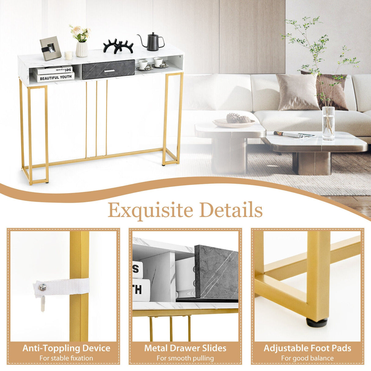 Mesa de sofá estrecha y larga para sala de estar - Blanca