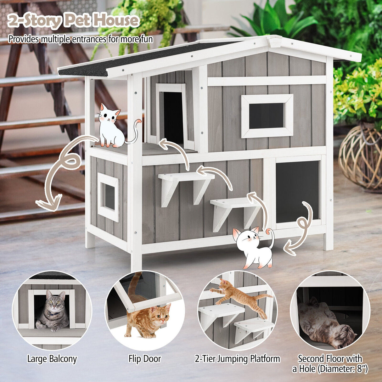 Casa exterior de madera para gatos ferales de 2 pisos con puerta de escape - Gris