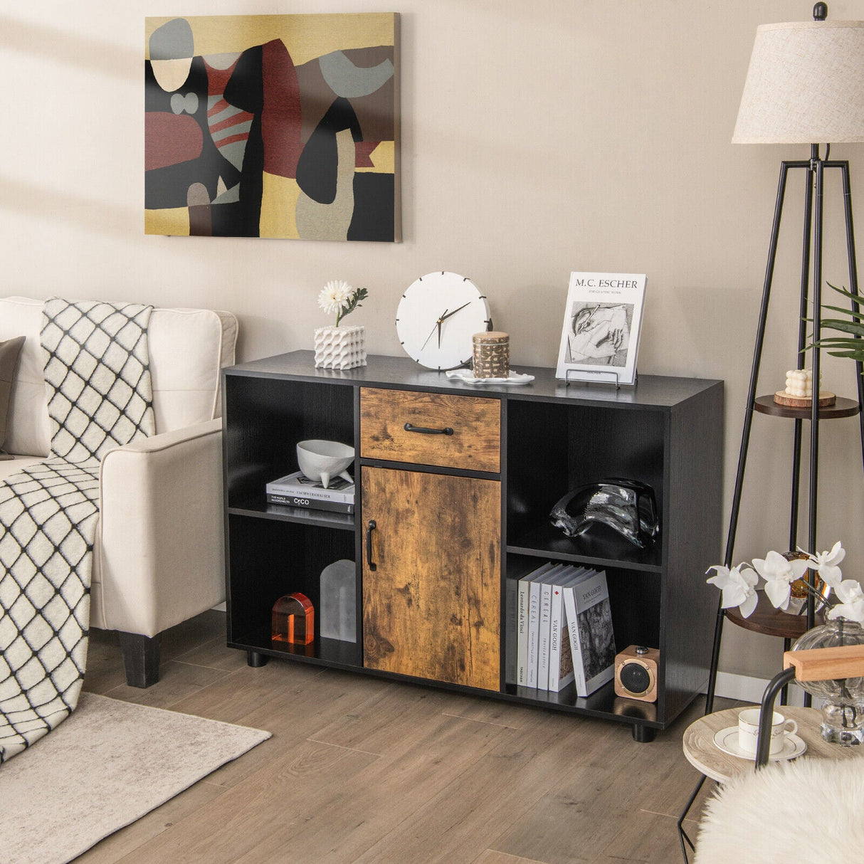 48 Inch Industrial Buffet Sideboard with 4 Open Cubbies