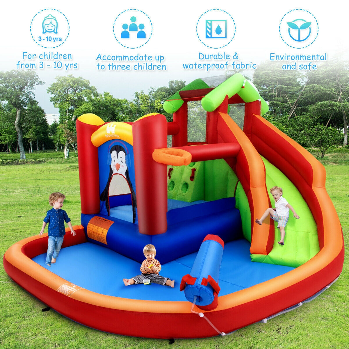 Castillo hinchable con tobogán y parque acuático sin soplador