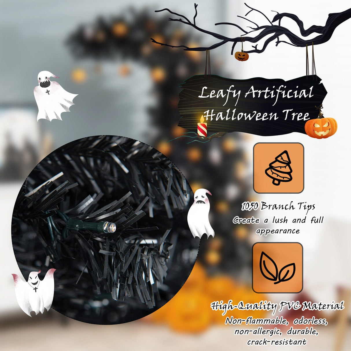 Árbol de Halloween negro preiluminado de 7 pies con 8 modos de flash y 400 luces