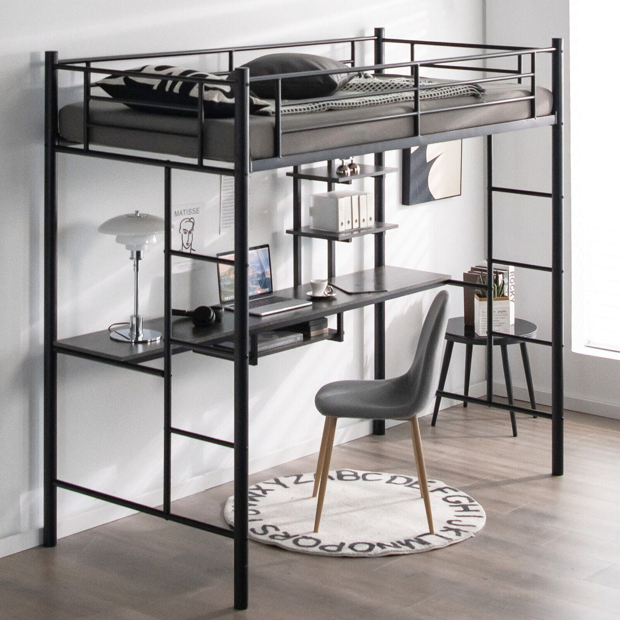 Litera alta individual con escritorio, estante de almacenamiento y escaleras de cuerpo entero-Negro