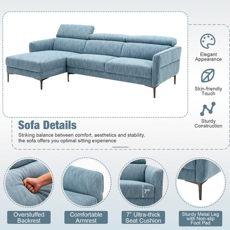 Sofá en forma de L de 105 pulgadas con 3 reposacabezas ajustables - Azul