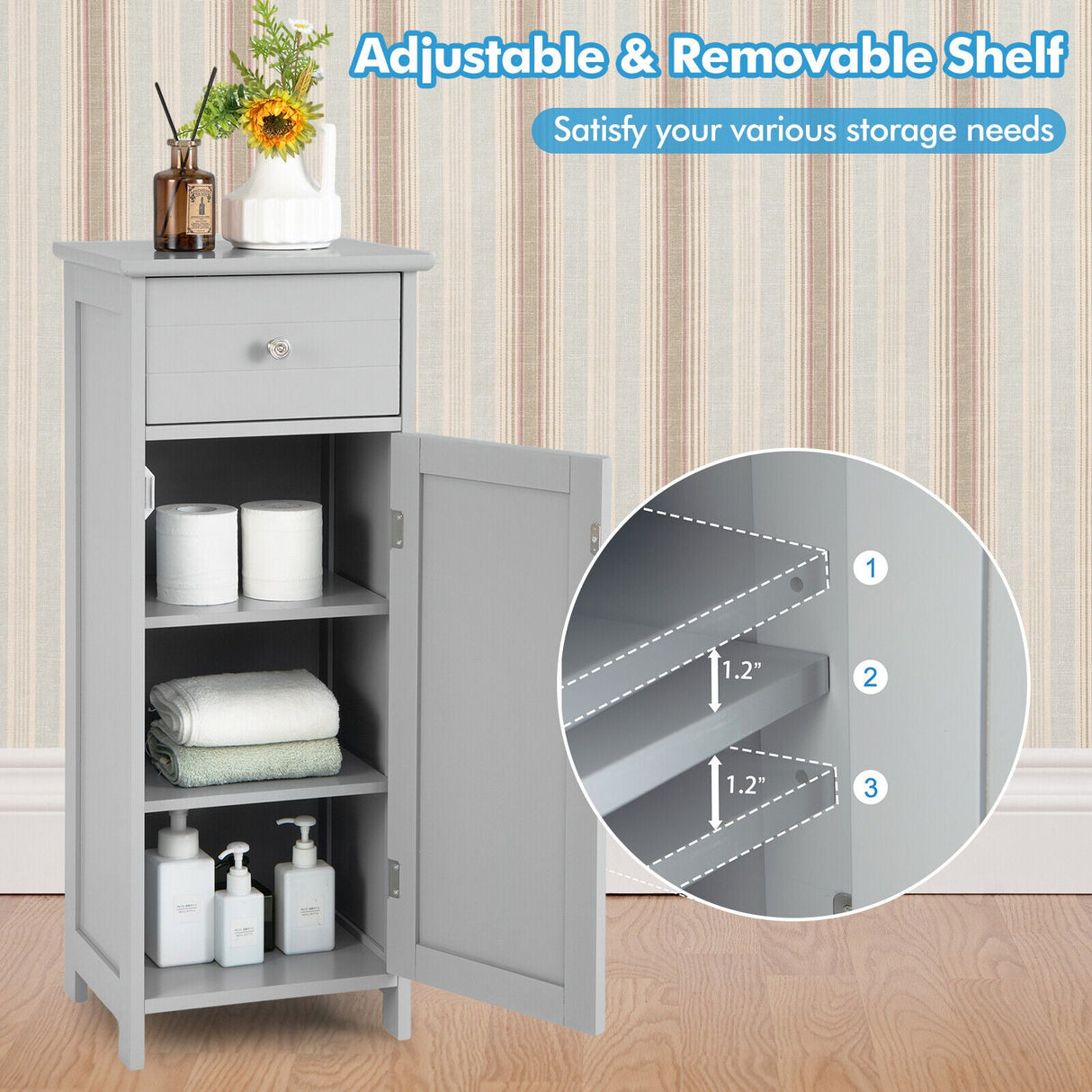 Mueble de almacenamiento de madera para baño con cajón y estante
