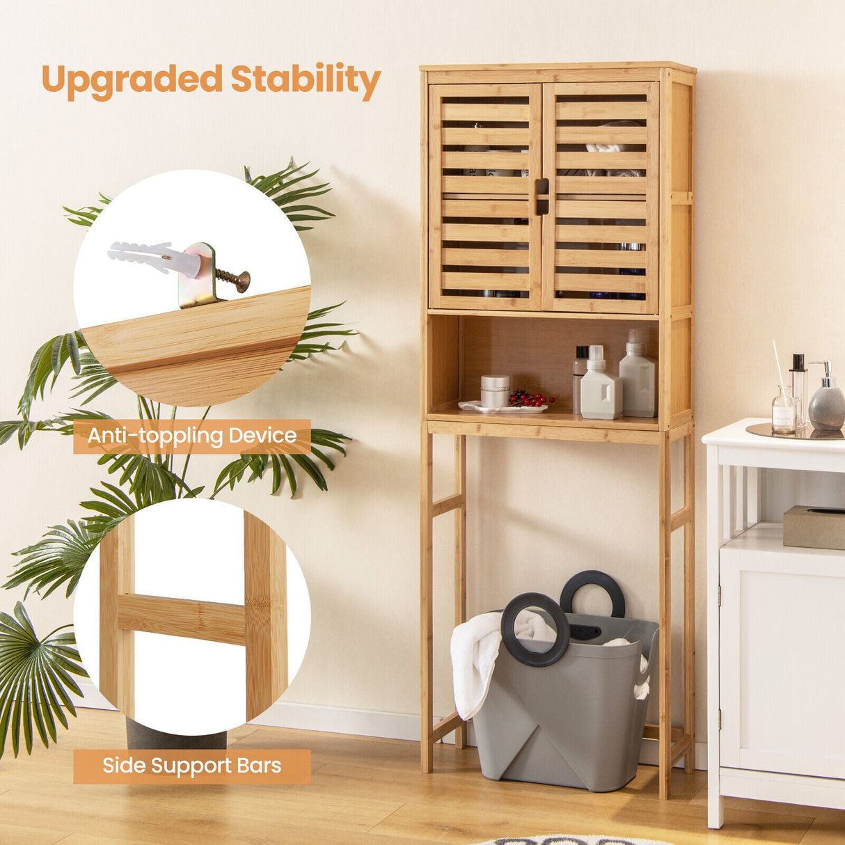 Armario de almacenamiento de bambú sobre el inodoro para baño con estante ajustable - Natural