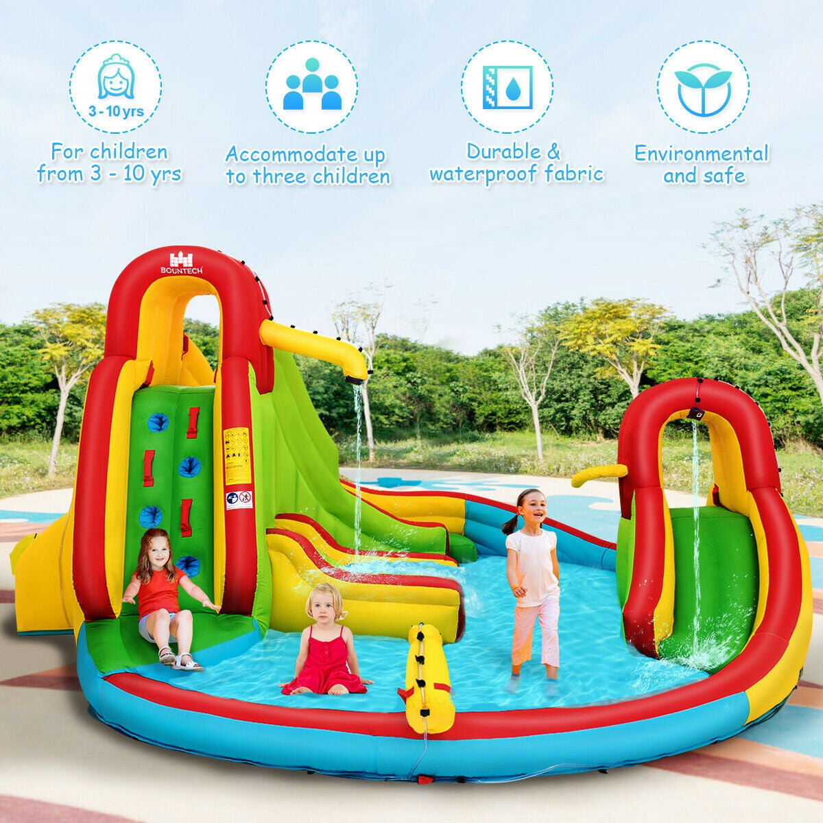 Castillo Hinchable Acuático para Niños con Tobogán, Muro de Escalada y Piscina, sin Soplador