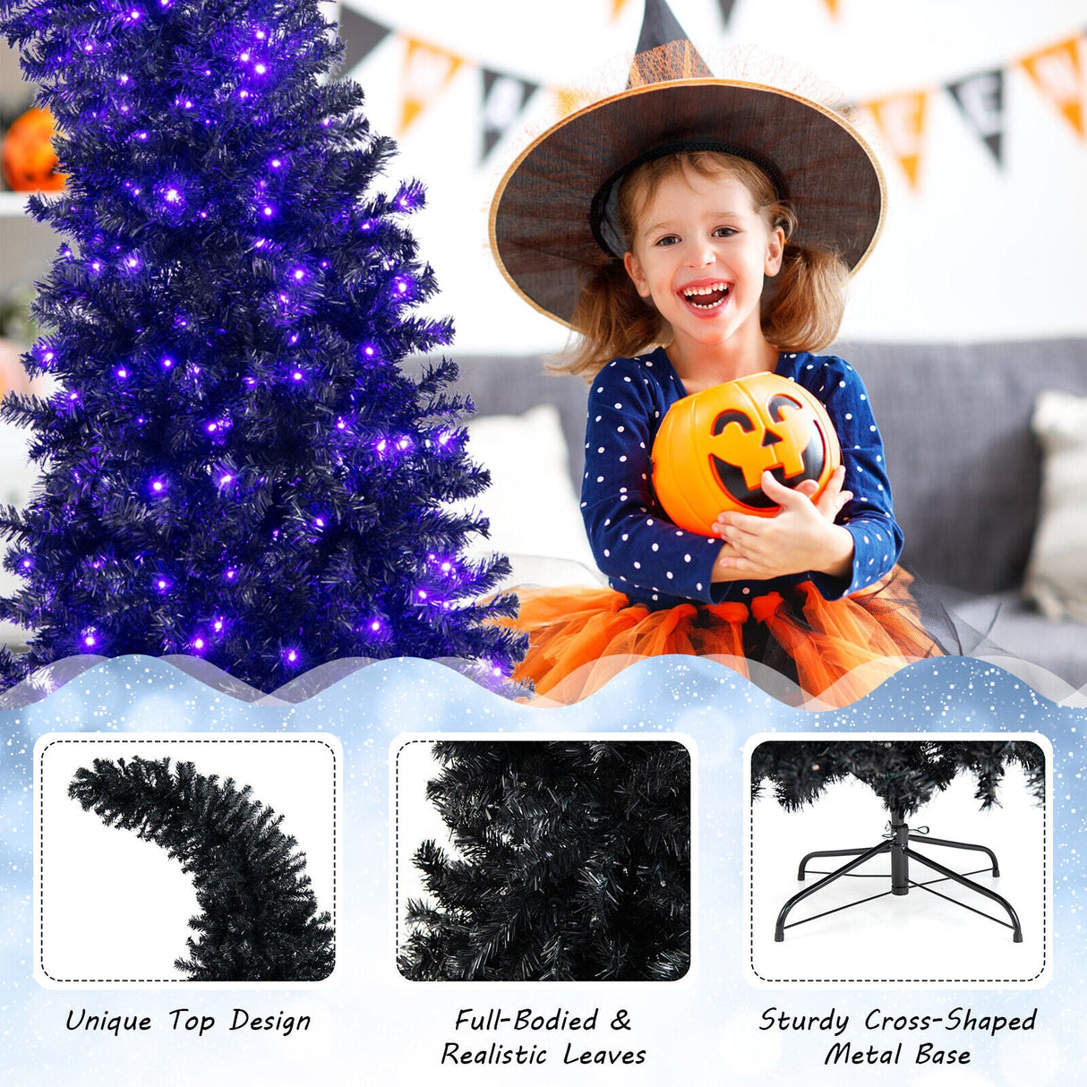 Árbol de Halloween negro preiluminado de 7 pies con 8 modos de flash y 400 luces