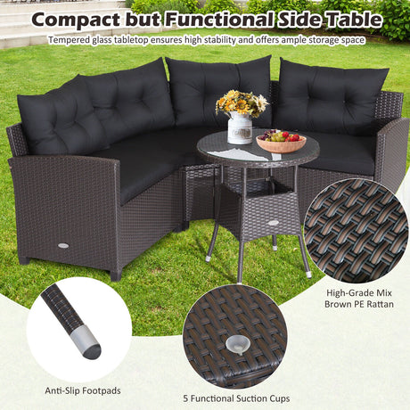 Juego de muebles de patio de ratán de 4 piezas con cojines para sofá y mesa de cristal