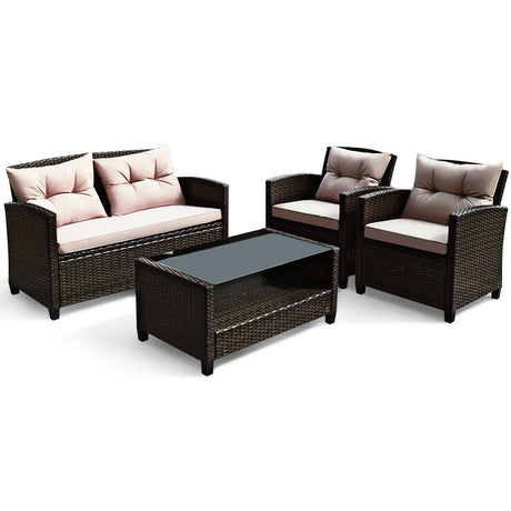Juego de muebles de ratán para patio de 4 piezas con mesa de centro con tapa de cristal - Gris