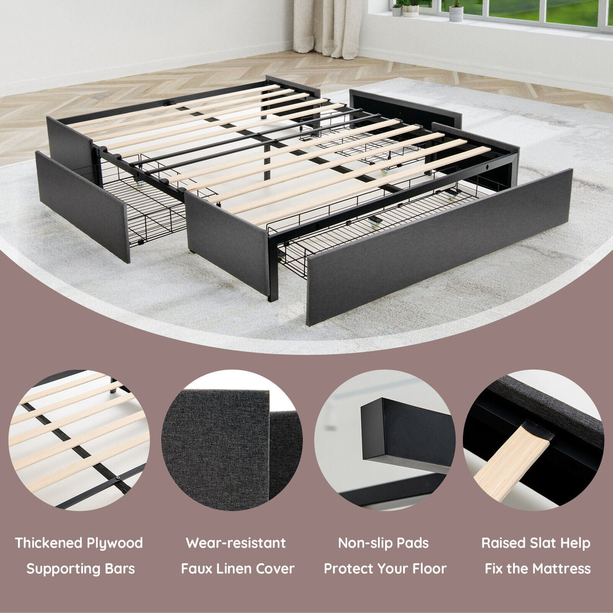 Base de cama tapizada con plataforma y 3 cajones de almacenamiento