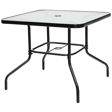 Mesa de comedor cuadrada de patio de vidrio templado de 35 pulgadas con orificio para sombrilla