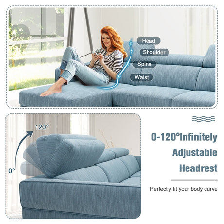Sofá en forma de L de 105 pulgadas con 3 reposacabezas ajustables - Azul
