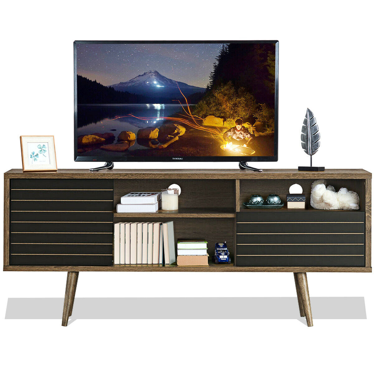 Mueble de TV moderno de mediados de siglo para televisores de hasta 65 pulgadas con estantes de almacenamiento