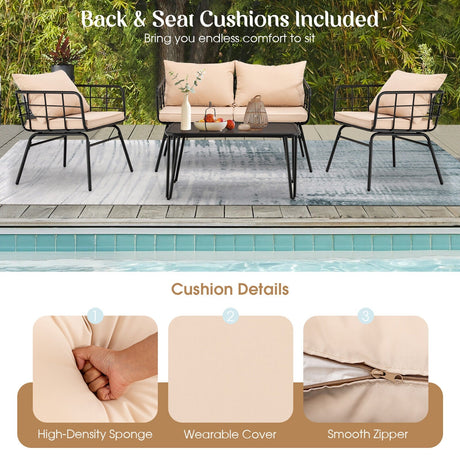 Juego de muebles de patio de 4 piezas con cojines de respaldo para jardín-Beige