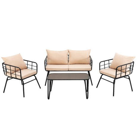 Juego de muebles de patio de 4 piezas con cojines de respaldo para jardín-Beige