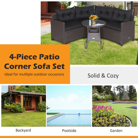 Juego de muebles de patio de ratán de 4 piezas con cojines para sofá y mesa de cristal