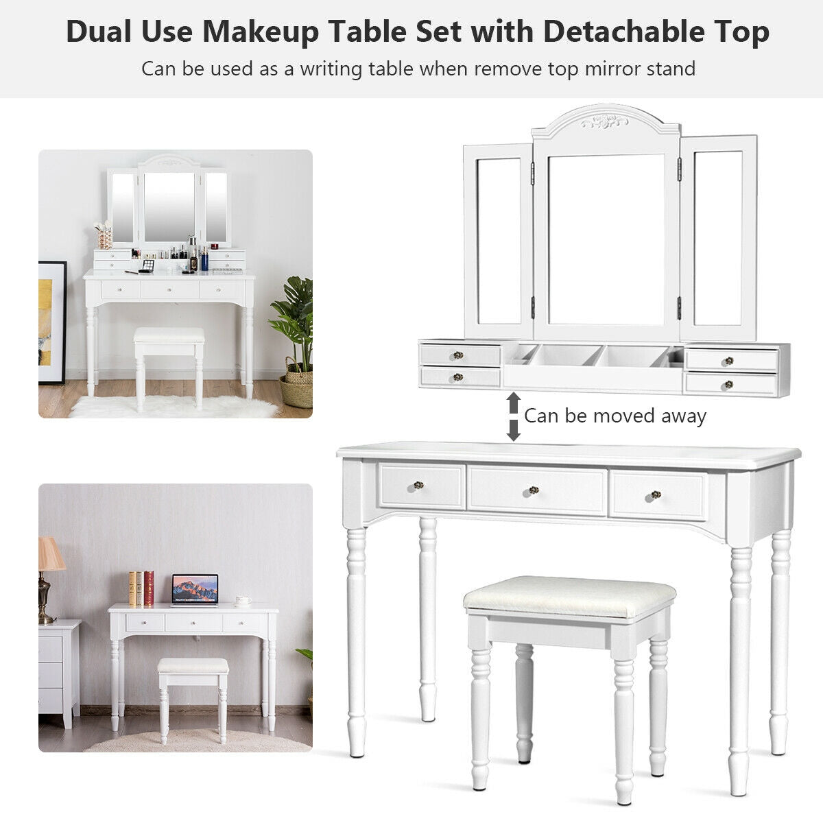 Tocador de Maquillaje con Espejo Triple y Taburete Acolchado para Mujeres
