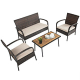 Juego de conversación de mimbre acolchado de 4 piezas para patio con tablero de mesa de madera de acacia