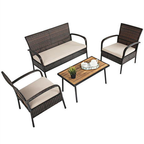 Juego de conversación de mimbre acolchado de 4 piezas para patio con tablero de mesa de madera de acacia