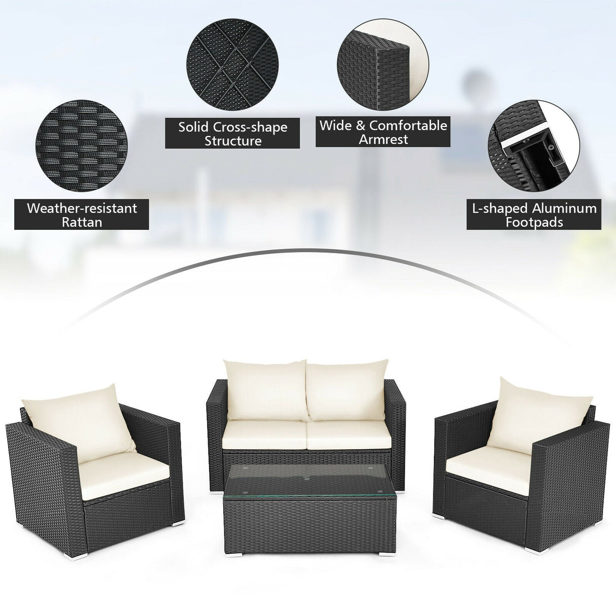 Juego de conversación de ratán para patio de 4 piezas con cojines y mesa de centro - Negro