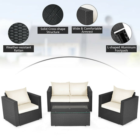 Juego de conversación de ratán para patio de 4 piezas con cojines y mesa de centro - Negro