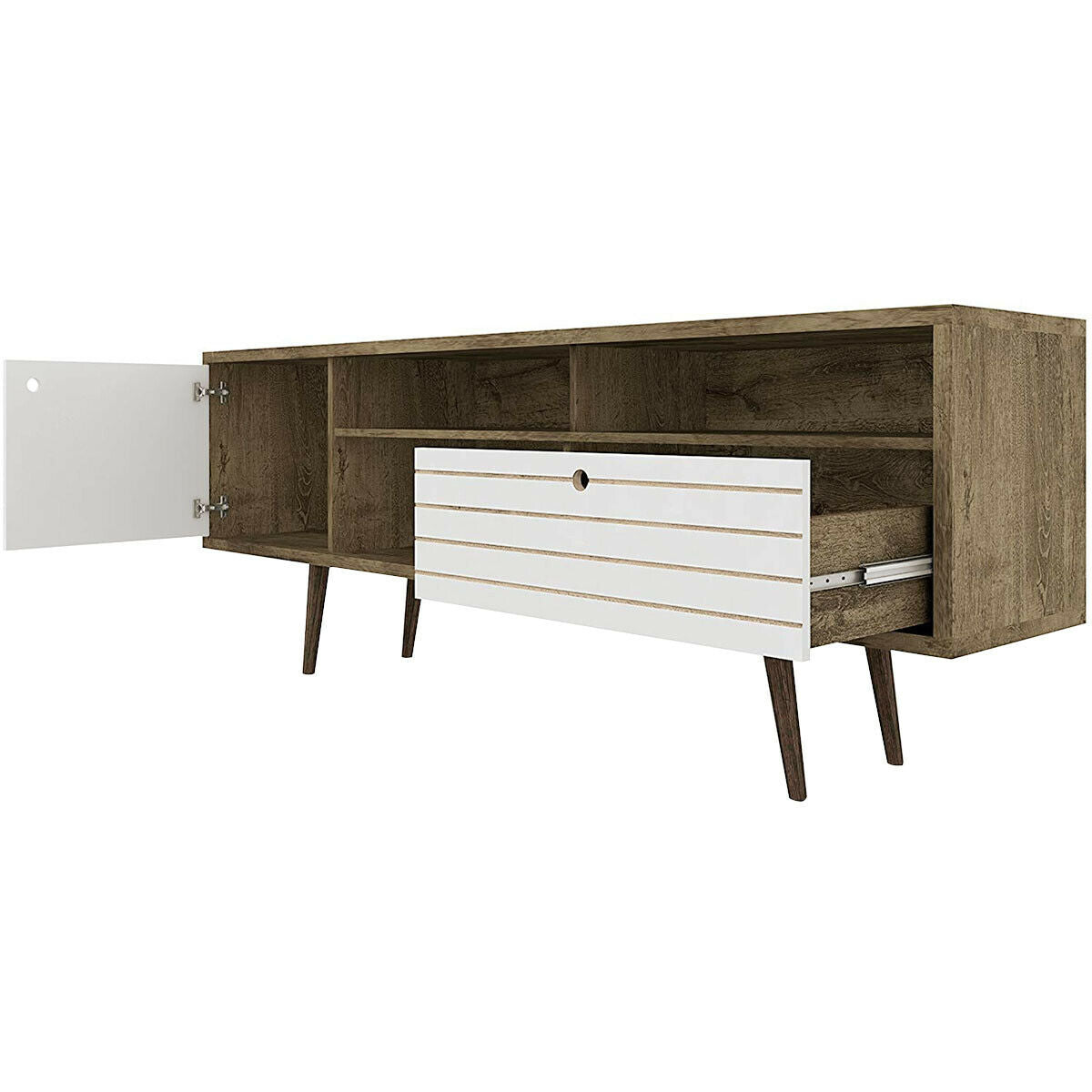 Mueble de TV moderno de mediados de siglo para televisores de hasta 65 pulgadas con estantes de almacenamiento
