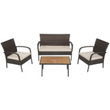 Juego de conversación de mimbre acolchado de 4 piezas para patio con tablero de mesa de madera de acacia