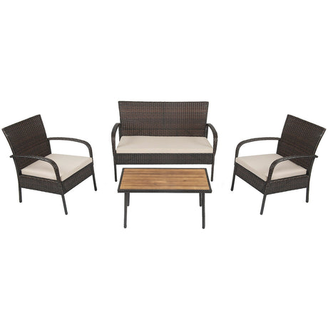Juego de conversación de mimbre acolchado de 4 piezas para patio con tablero de mesa de madera de acacia