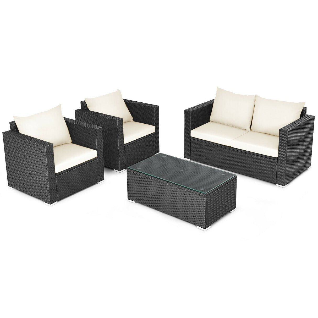 Juego de conversación de ratán para patio de 4 piezas con cojines y mesa de centro - Negro