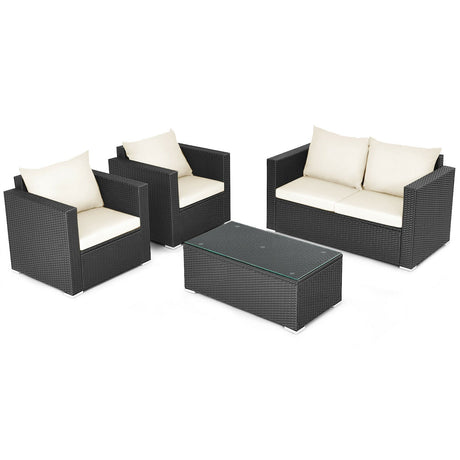 Juego de conversación de ratán para patio de 4 piezas con cojines y mesa de centro - Negro