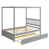 Full Size Canopy Bed with Trundle Wooden Platform Bed Frame Headboard