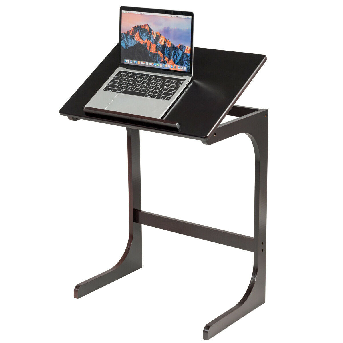 Mesa auxiliar de sofá con forma de C ajustable con superficie reclinable - Marrón